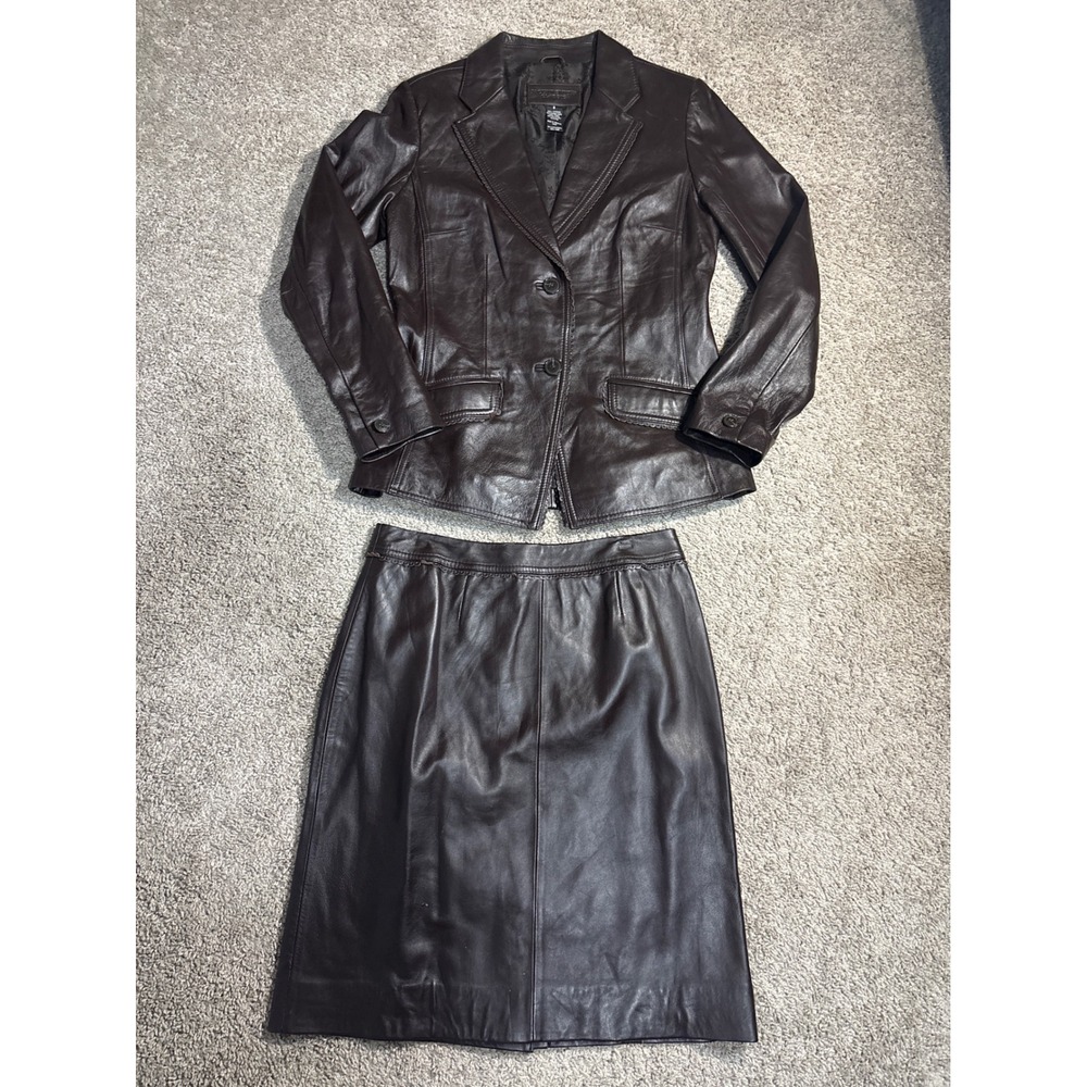Y2K Jaclyn Smith Brown Leather Suit Set Blazer Skirt Womens 8 Professional
